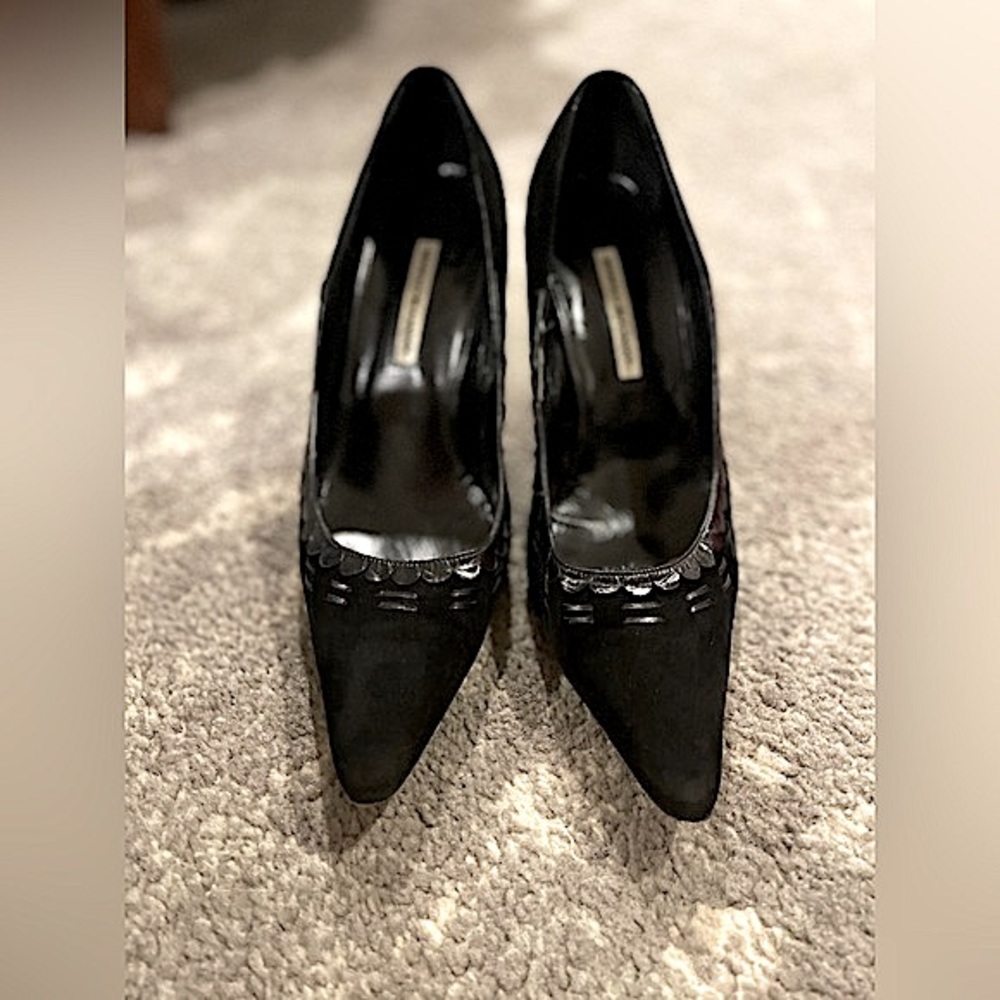 Manolo Blahnik Black Suede Pointed Toe Pumps with scallops